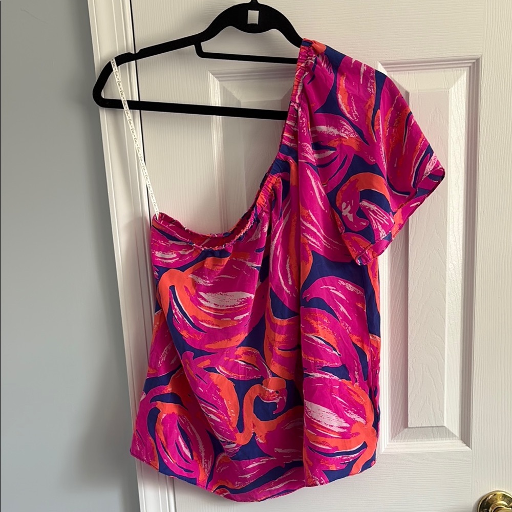 Lilly Pulitzer Pink Fifer One Shoulder 100% Silk Flamingo Print Top Plume Bloom
